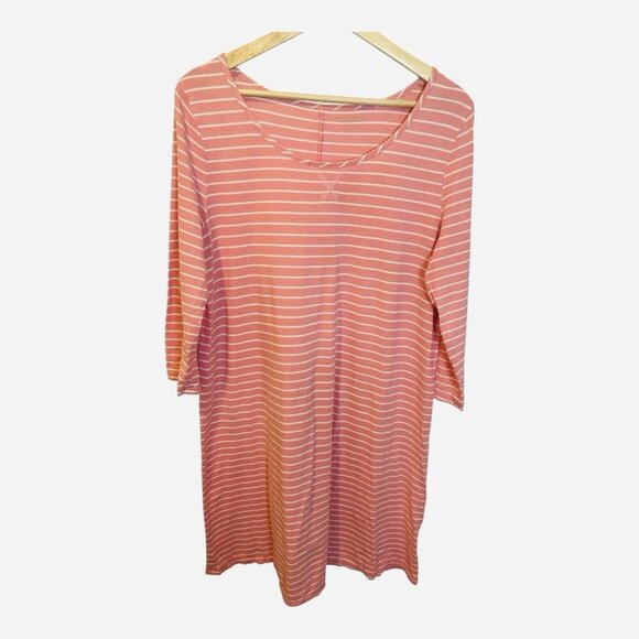 Garnet Hill Green Cotton Pink Striped Shift Dress Medium Scoop Neck 3/4 Sleeves - Picture 1 of 6